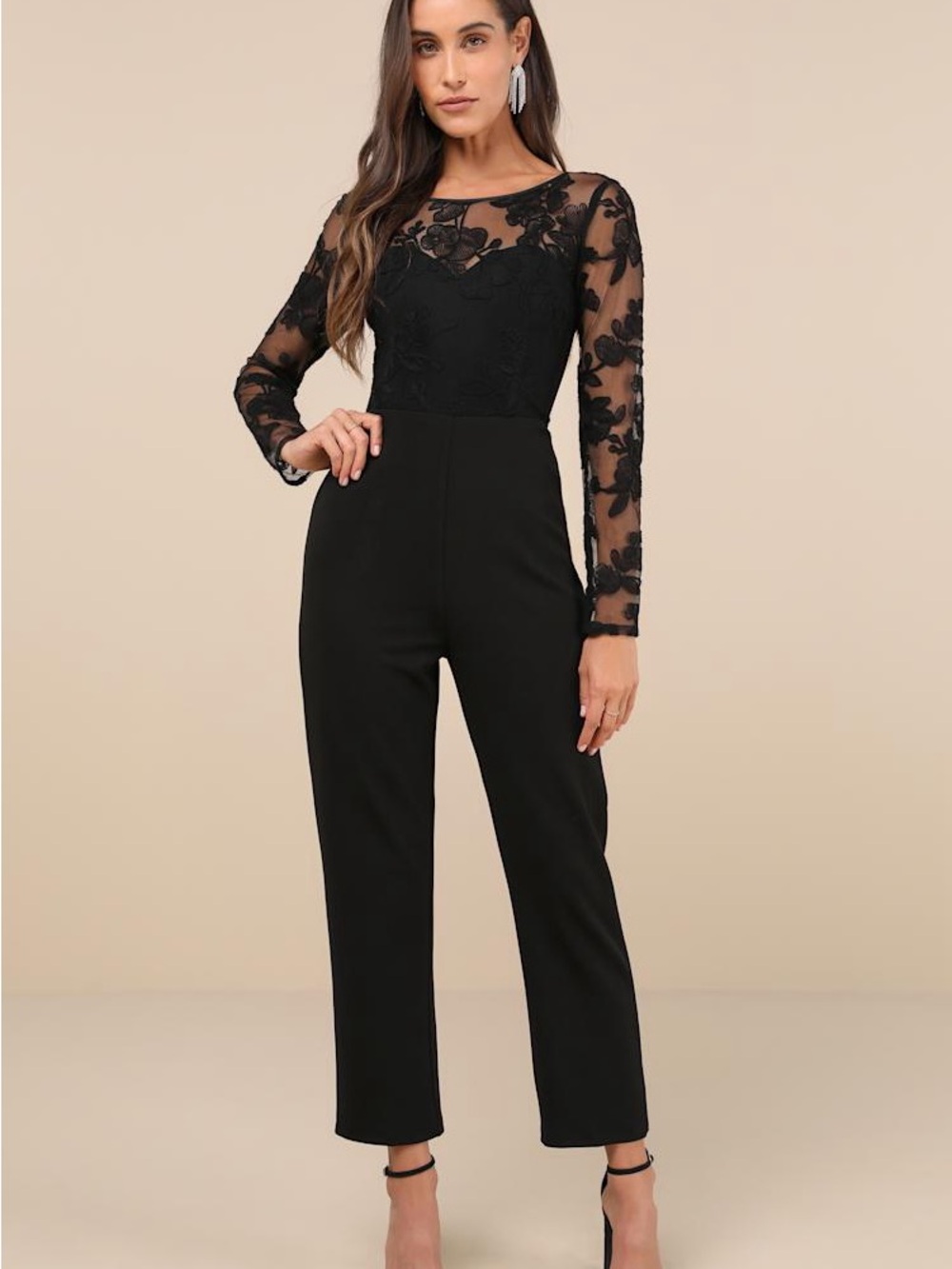 Lulu's Black Lace Long-Sleeve Jumpsuit